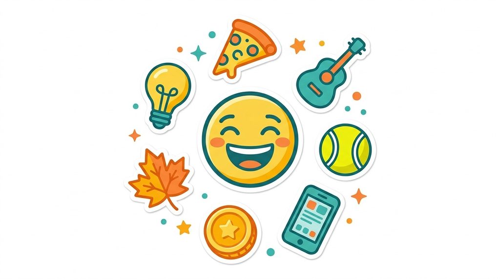 Colorful icons showing pun categories including food, music, sports and technology