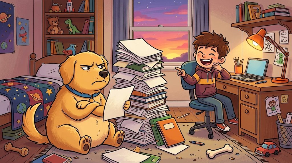 Dog refusing to eat homework — funny homework jokes illustration