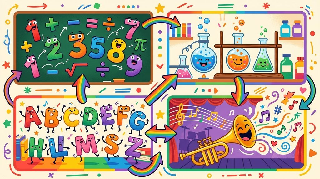 Math, science, English and music school jokes cartoon collage