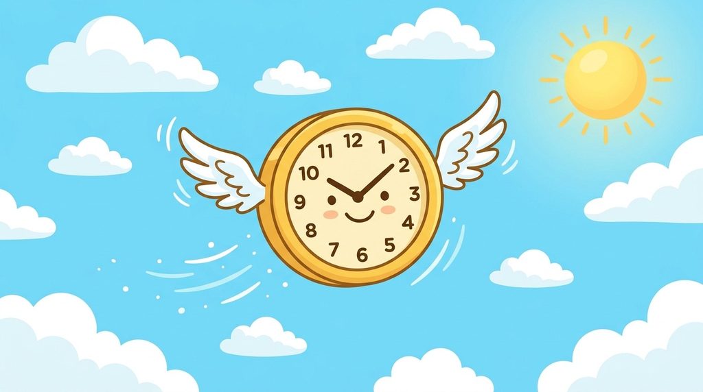 time flies joke illustration of winged clock flying through sky