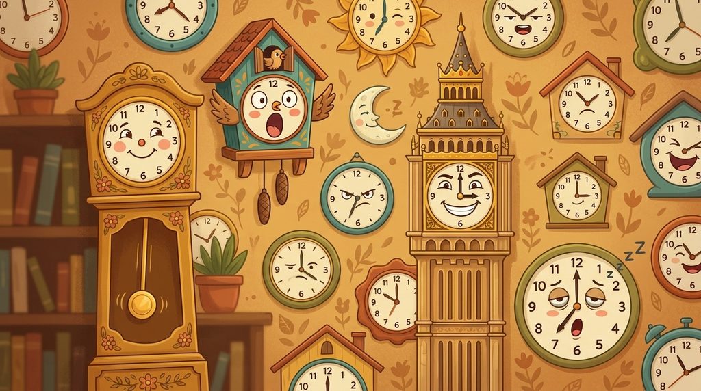 clock puns cartoon showing grandfather clock and cuckoo clock characters