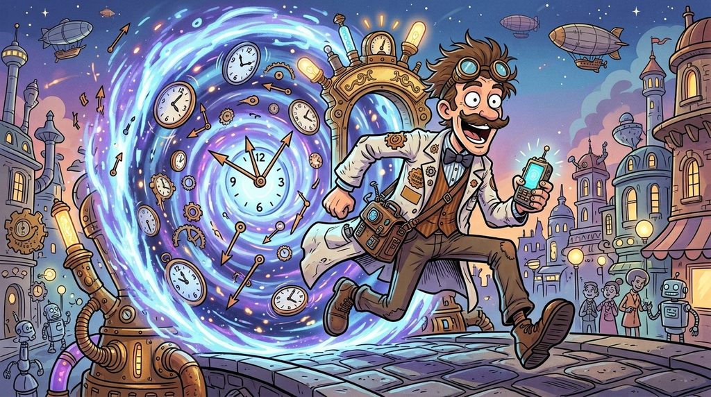 time travel puns concept with cartoon time traveler and clock portal