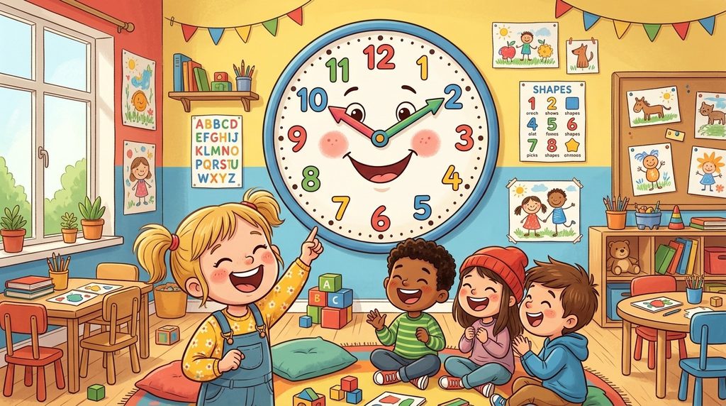 kids laughing at funny time jokes with smiling classroom clock