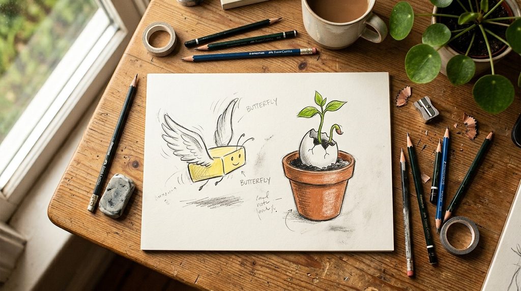 Sketching visual humor ideas in a notebook at a creative desk