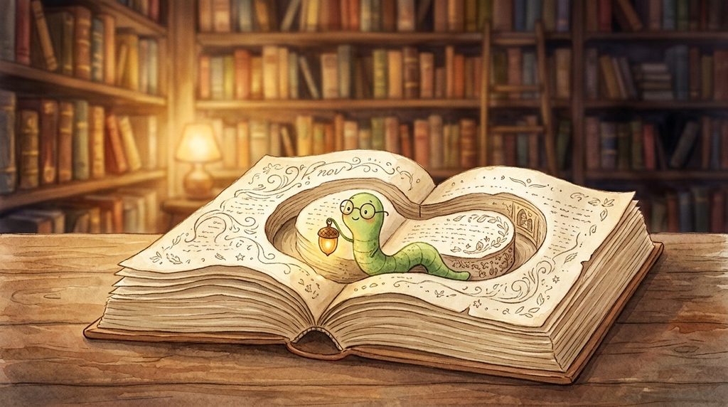 Bookworm visual pun — a worm with glasses reading through a novel