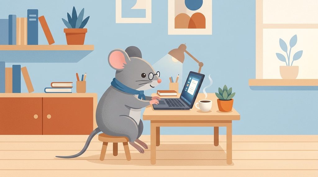 Computer mouse image wordplay — a real mouse typing on a tiny laptop