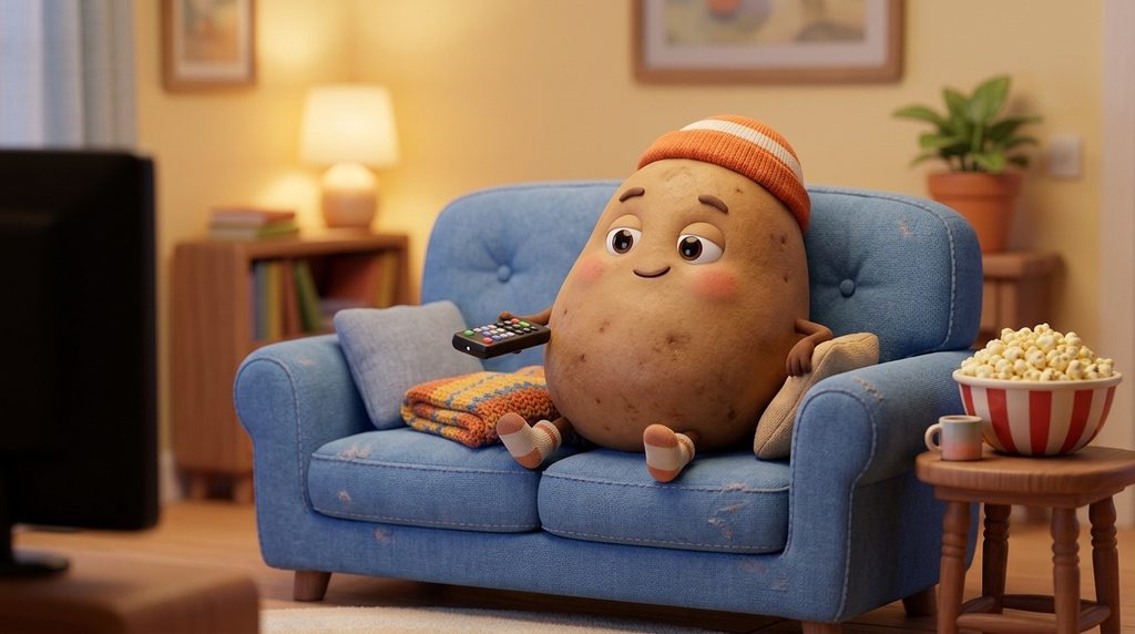 Couch potato picture joke — a potato relaxing on a sofa with a TV remote