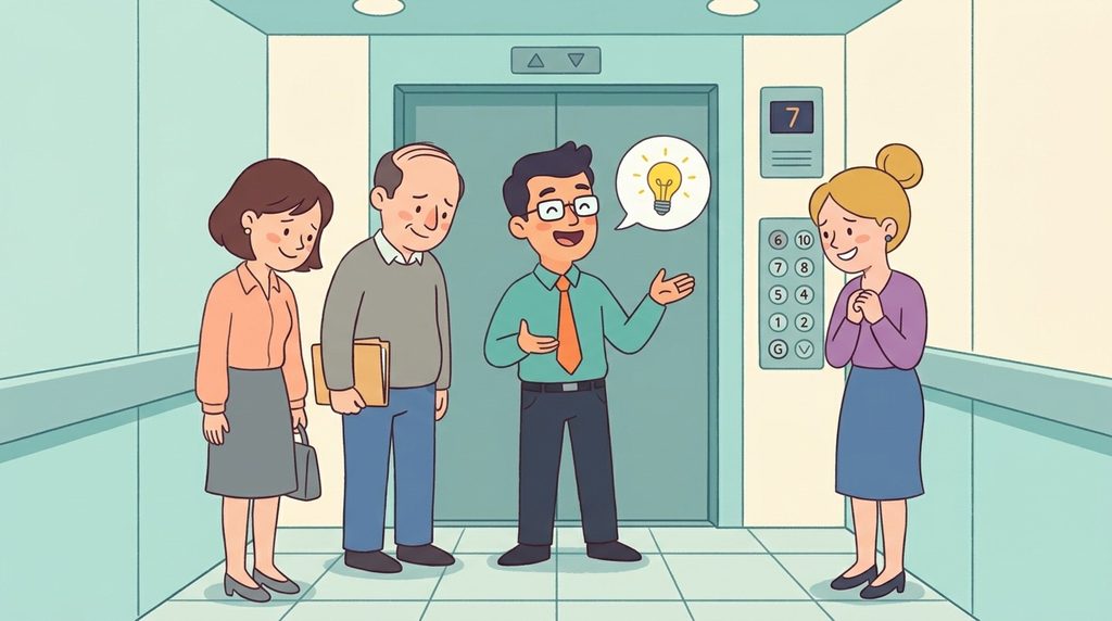 Office workers smiling at a one-liner during an awkward elevator ride