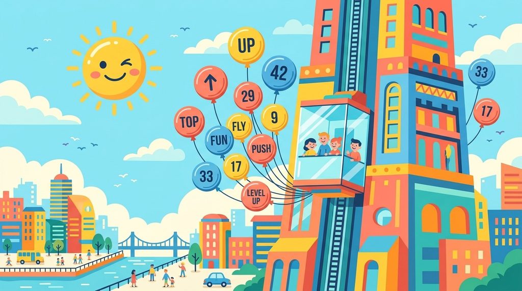 Whimsical glass elevator illustration representing clever elevator puns and wordplay
