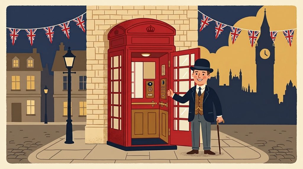 British-themed lift illustration with London landmarks for classic lift jokes