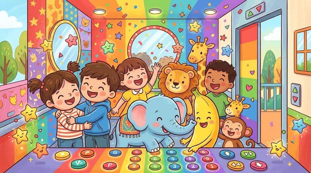 Kids and cartoon animals laughing in a colorful elevator – jokes for children