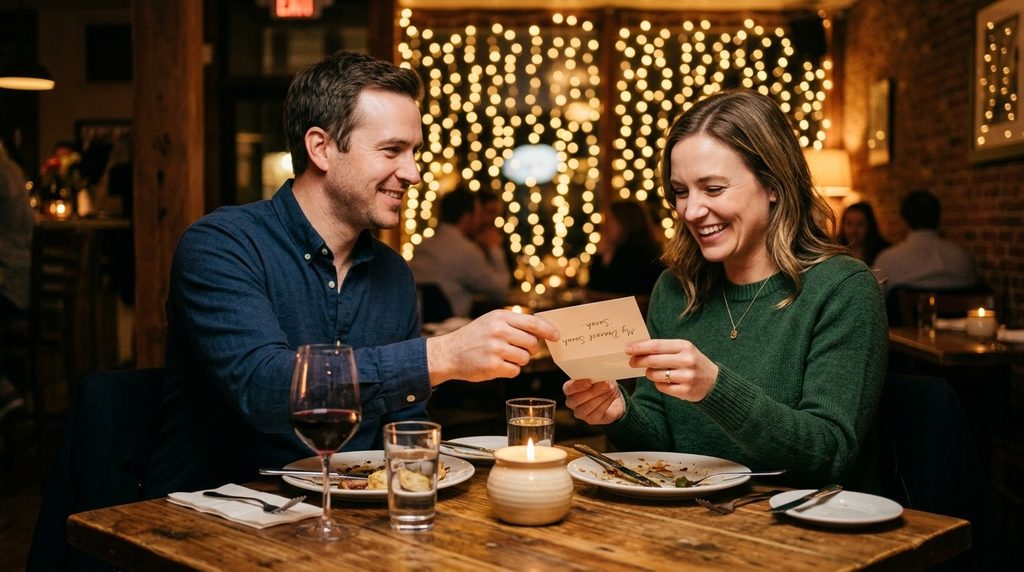 Couple sharing a romantic handwritten anniversary note at dinner