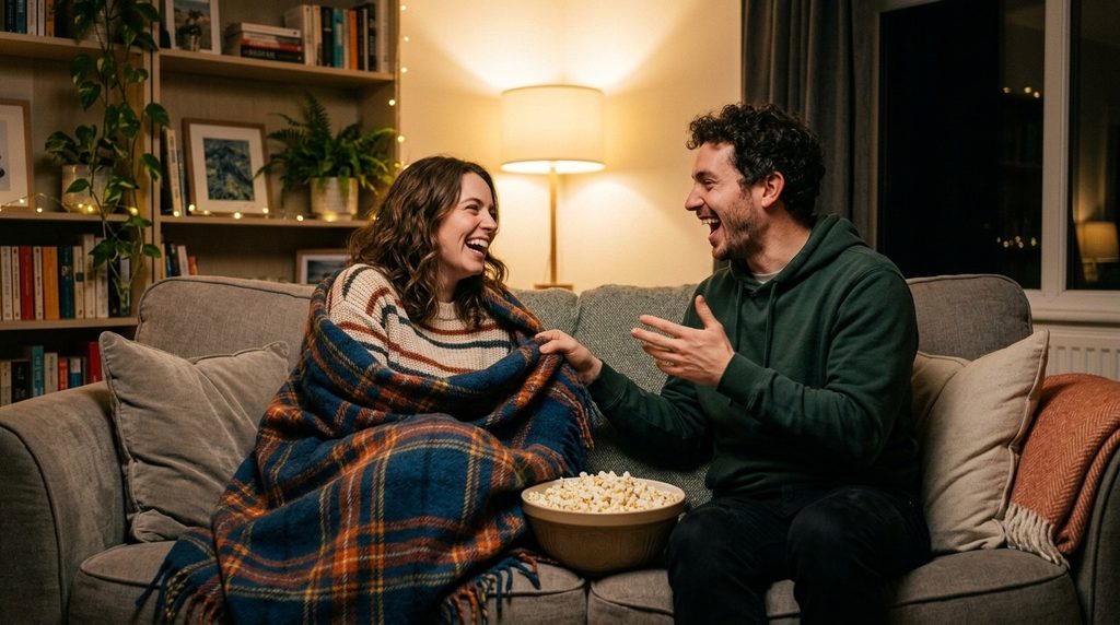 Couple laughing together on couch sharing funny anniversary jokes