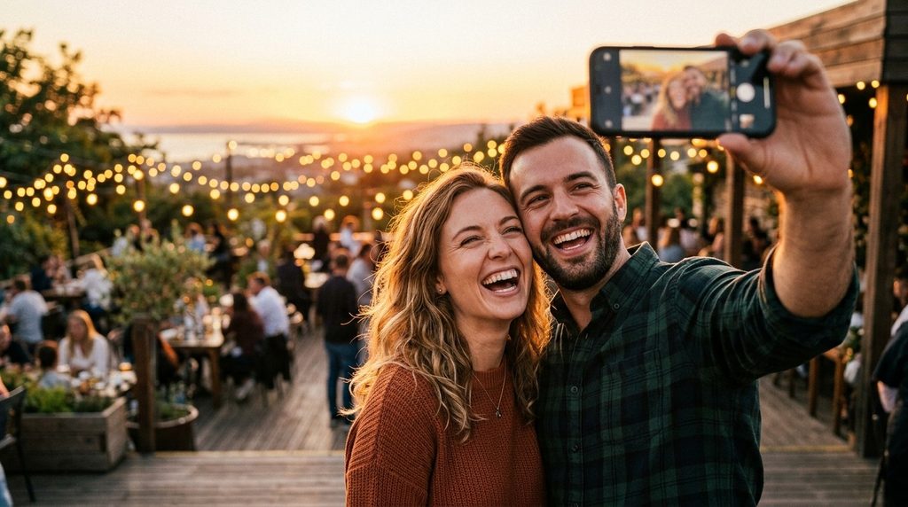 Couple taking anniversary selfie at sunset for social media