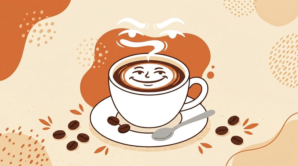 Smug coffee cup illustration for dry humor coffee puns