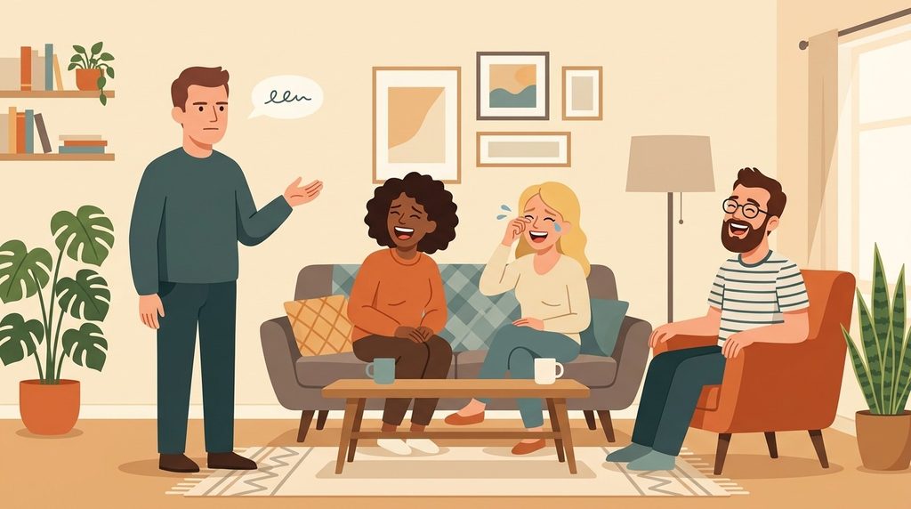Person delivering a sarcastic joke deadpan while friends laugh