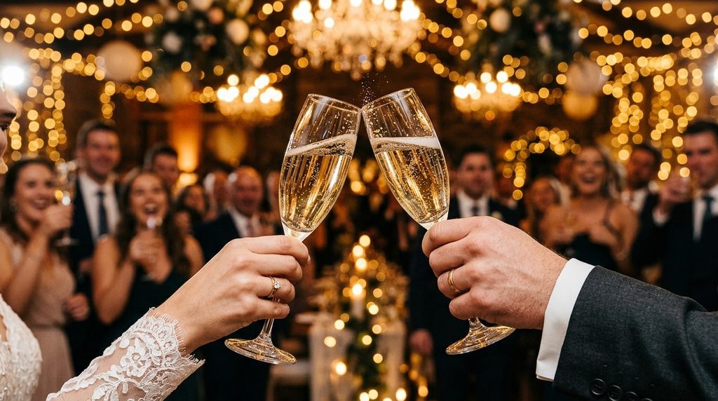 Guests toasting champagne at wedding – funny toast lines