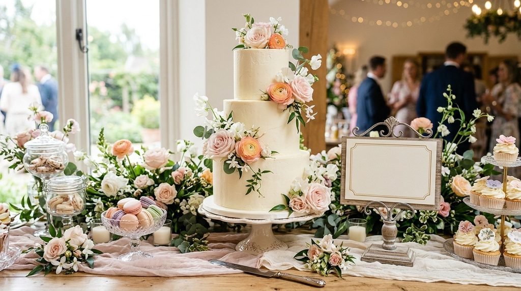 Wedding cake and dessert table with sign – sweet cake sayings