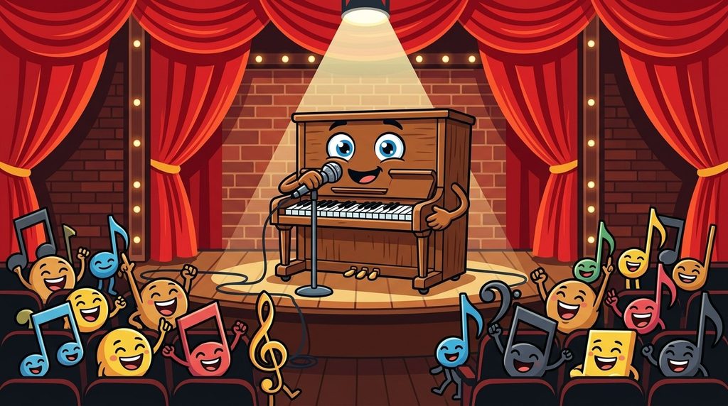 Cartoon piano telling jokes on stage, illustrating classic piano puns and one-liners