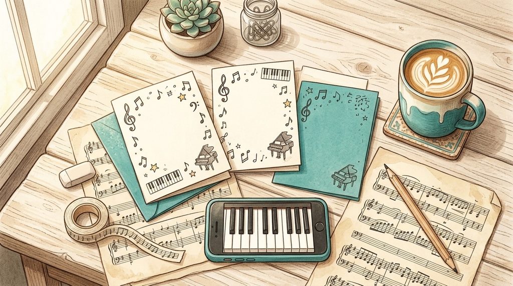 Greeting cards and phone with piano doodles for sharing short piano puns and captions