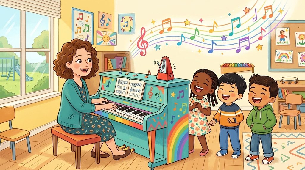 Children laughing during a fun piano lesson, illustrating kid-friendly piano jokes