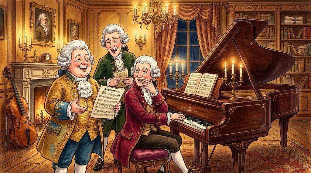 Cartoon classical composers laughing around a piano, representing musician humor and wordplay