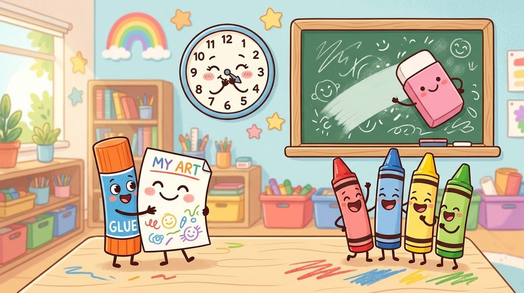 Cartoon classroom objects laughing together illustrating classroom puns