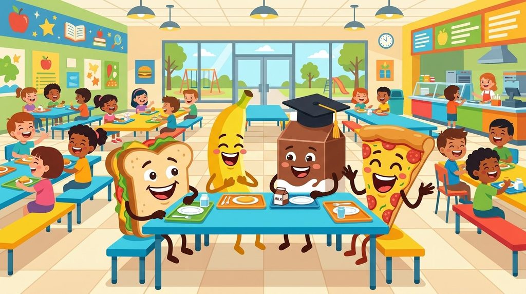 Funny cafeteria food characters laughing at lunch — school humor for kids